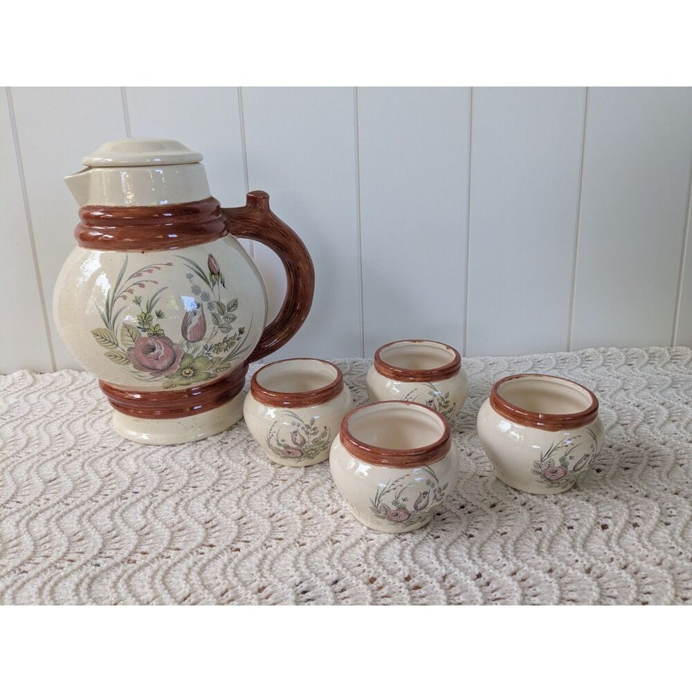 Vintage Ceramic Pitcher and 4 Small Cups - Hand Painted Floral Design